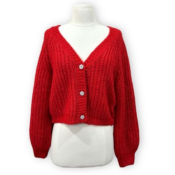 Jessica Simpson Red Cropped Wool Cardigan with Rhinestone Buttons Size Medium - Picture 14 of 14